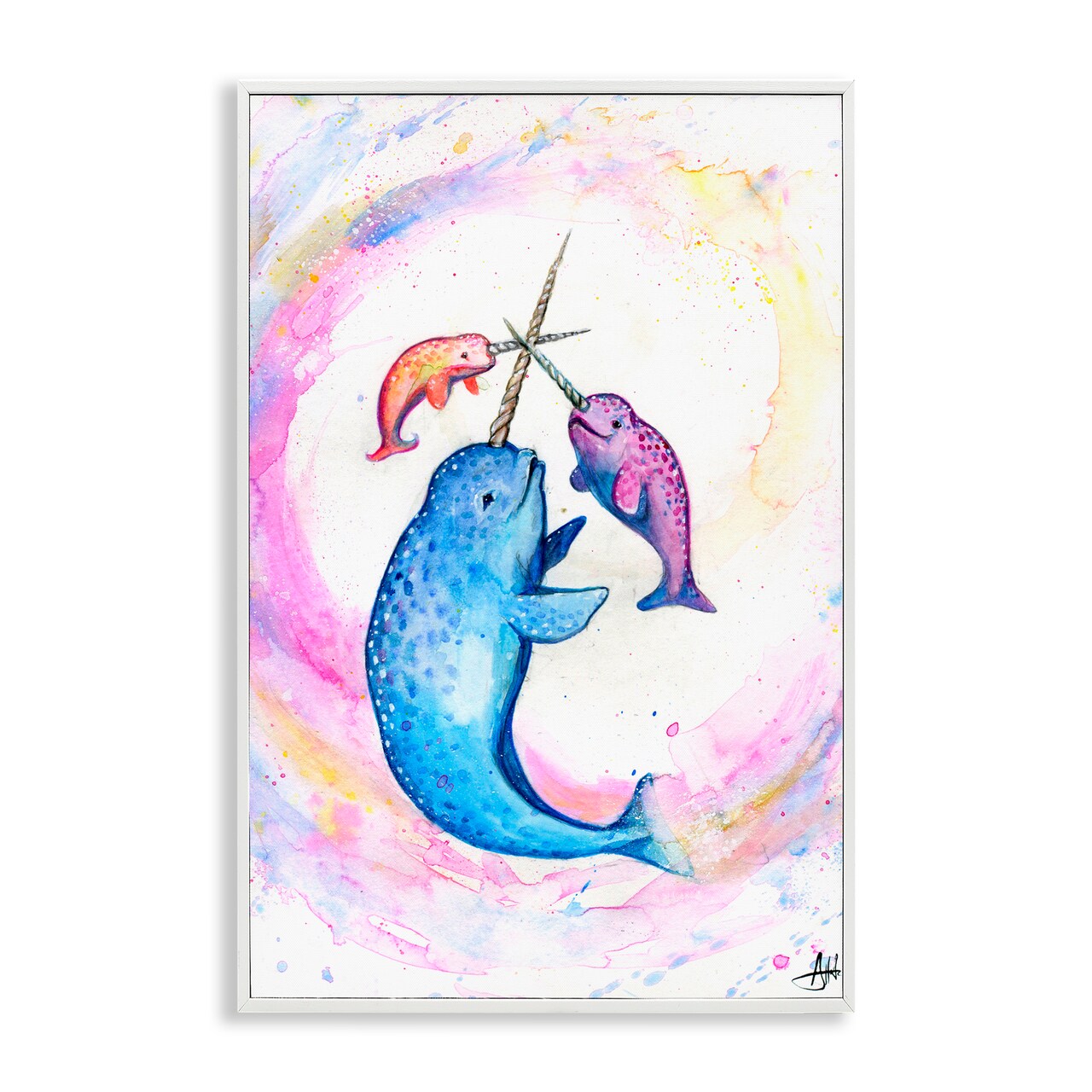 Stupell Industries Three Narwhals in Pastels Framed Giclee, design by Marc Allante